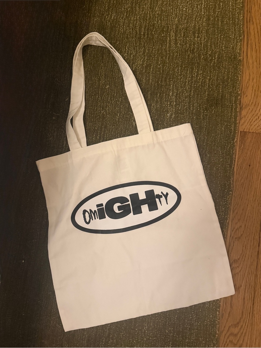 omighty White Canvas Tote with Bold Black Logo